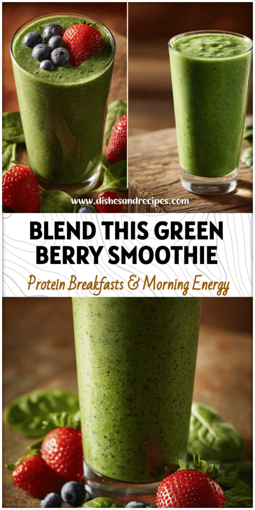Healthy Green Berry Smoothie with spinach, strawberries, and blueberries in a tall glass.